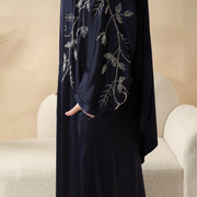 Navy Blue Pleated Abaya Set | Beaded Robe Abaya with Silver Embroidery (ABA168)